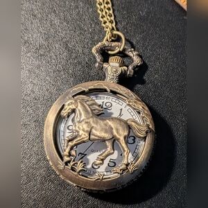 Vintage Looking Bronze Colour Horse Pendant Watch.  Very Long Chain